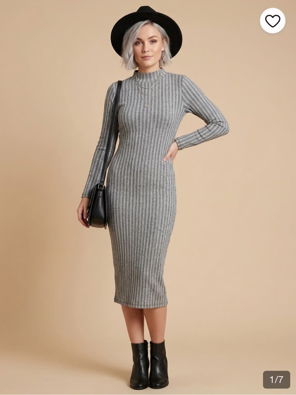 Zara - Gray & White Long Sleeve Mock-Neck Midi Knit Dress